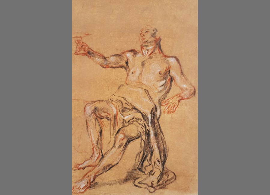 Antoine Watteau, Sitzender Bacchus einen Pokal hebend, Kreide, 25,4x17cm