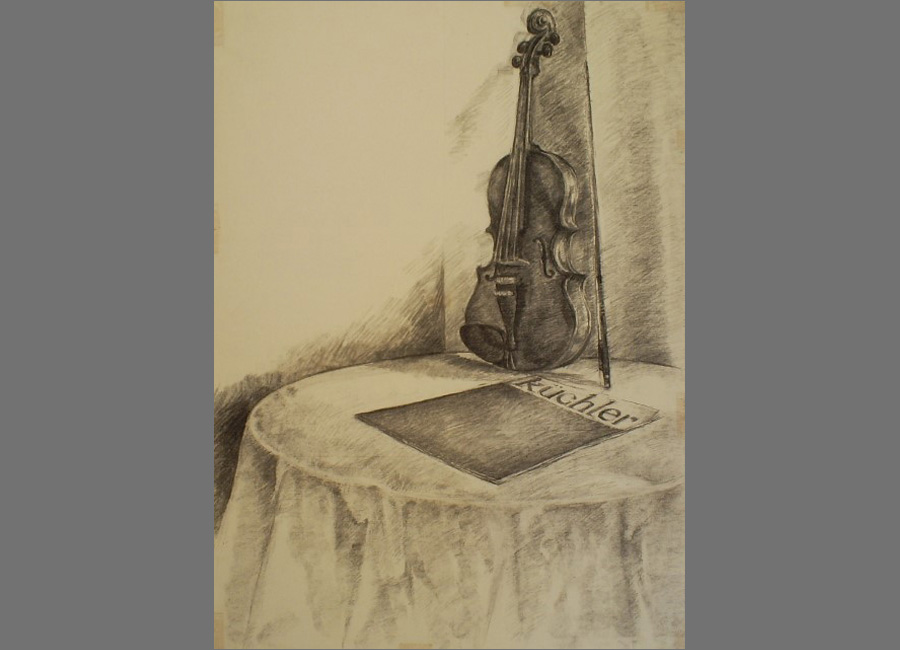 Geige-mit-Note,-Kohle-66.5x48cm