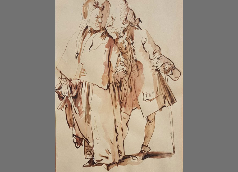 Giovanni Battista Tiepolo, Älteres Paar beim Spaziergang, Aquarell 24,7x18,8cm